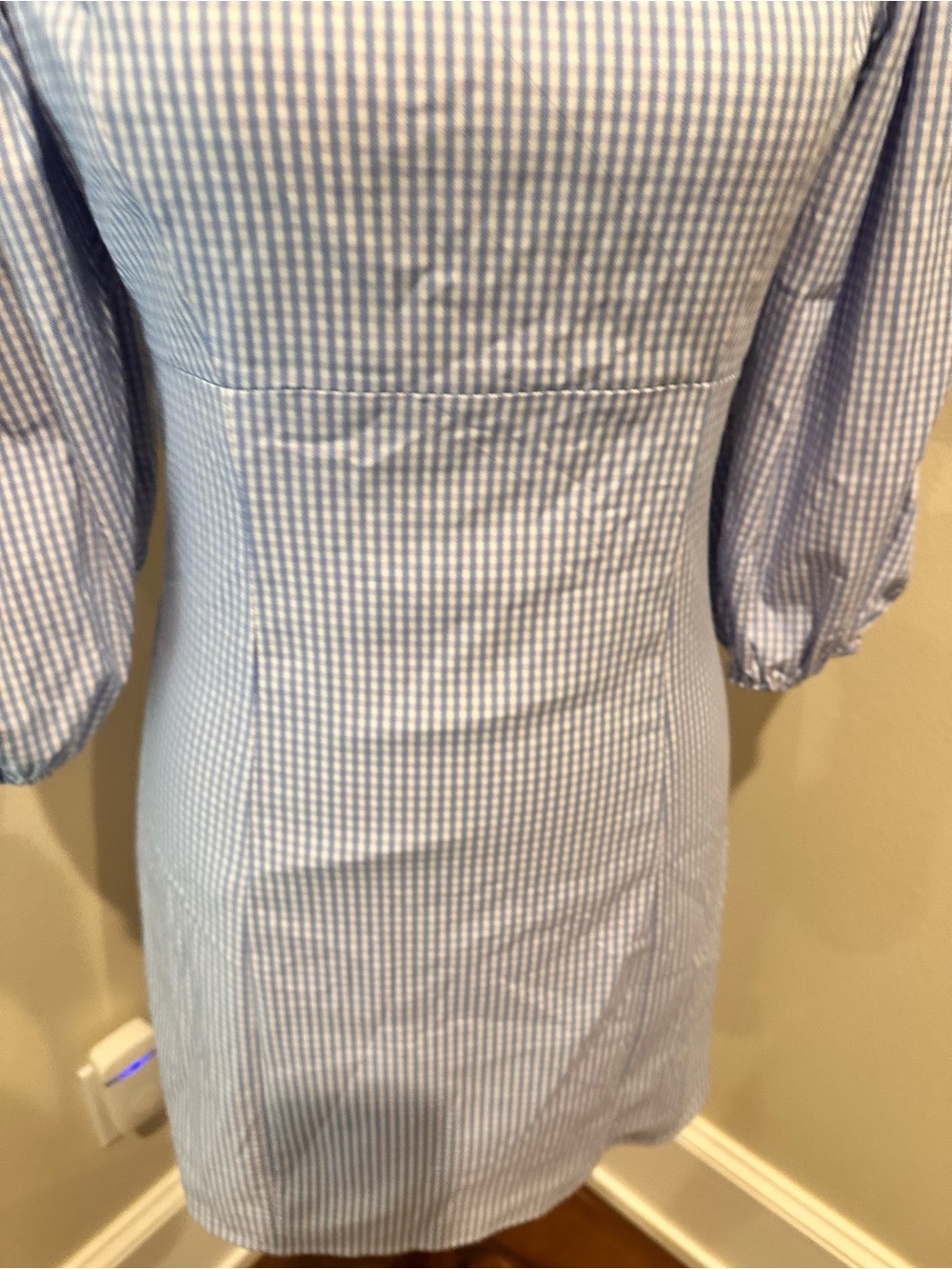 Forever21 Square Neck Puff-Sleeve Mini Dress in Light Blue Gingham Small - Picture 8 of 15
